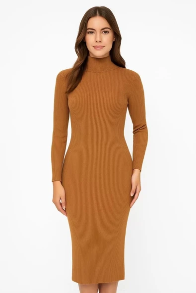 Kadın Boğazlı Uzun Fitilli Triko Dokuma Elbise - Kahverengi - Resim 2