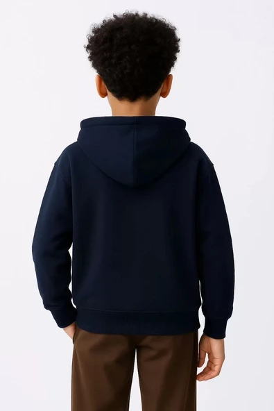 Erkek Çocuk Kapüşonlu Kanguru Çepli Tam Fermuarlı Hırka SweatShirt - Lacivert - 3