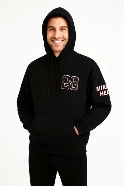 Üç İplik Kapüşonlu Ön ve Arka Baskılı SweatShirt hoodie - Siyah - Resim 3