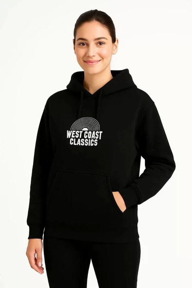 Kadın Üç İplik Kapüşonlu Ön ve Arka Baskılı SweatShirt hoodie - Siyah - Resim 2