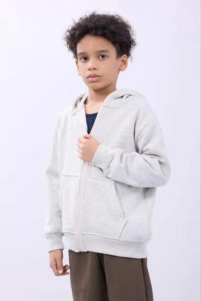 Erkek Çocuk Kapüşonlu Kanguru Çepli Tam Fermuarlı Hırka SweatShirt - Gri