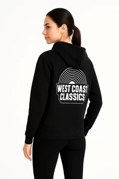 Kadın Üç İplik Kapüşonlu Ön ve Arka Baskılı SweatShirt hoodie - Siyah - Resim 3