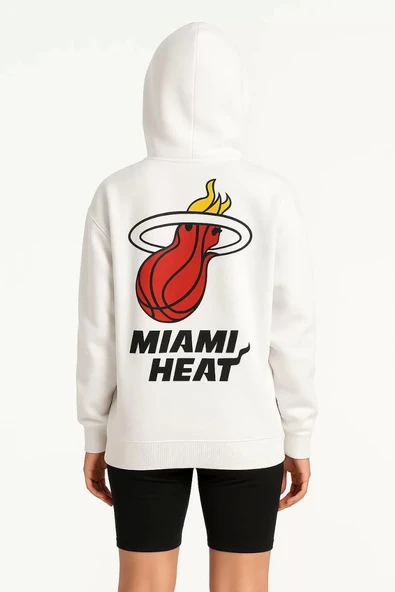 Kadın Üç İplik Kapüşonlu Ön ve Arka Baskılı SweatShirt hoodie - Beyaz - Resim 5