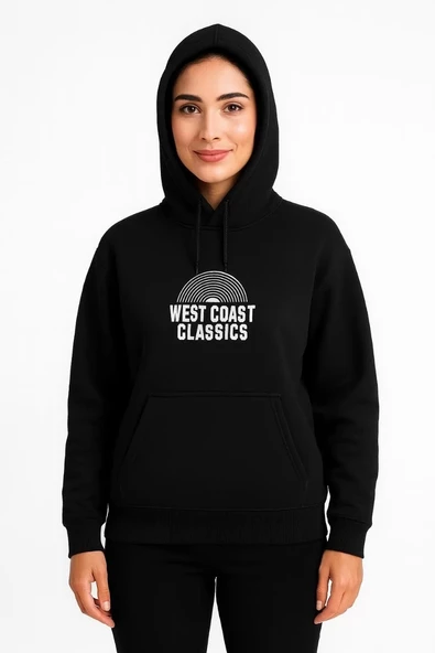 Kadın Üç İplik Kapüşonlu Ön ve Arka Baskılı SweatShirt hoodie - Siyah ürün görseli 1