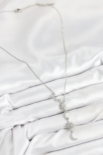 316L Çelik Zirkon Taşlı Güneş Ve Ay Model Gümüş Renk Kadın Kolye - Resim 2