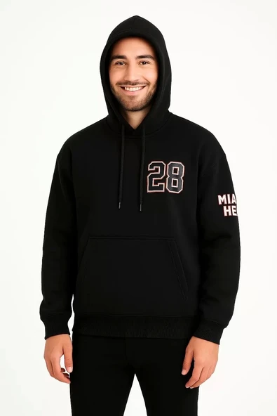 Üç İplik Kapüşonlu Ön ve Arka Baskılı SweatShirt hoodie - Siyah - Resim 2