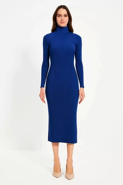Kadın Boğazlı Uzun Fitilli Triko Dokuma Elbise - Saks Mavisi - Resim 3