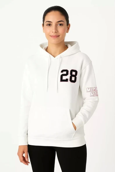 Kadın Üç İplik Kapüşonlu Ön ve Arka Baskılı SweatShirt hoodie - Beyaz ürün görseli