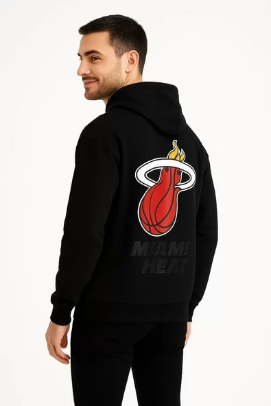 Üç İplik Kapüşonlu Ön ve Arka Baskılı SweatShirt hoodie - Siyah - Resim 6