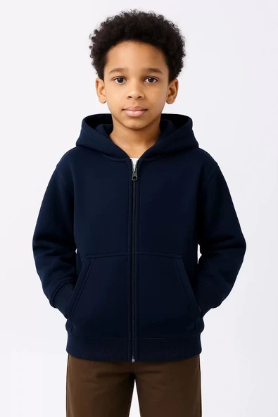 Erkek Çocuk Kapüşonlu Kanguru Çepli  Tam Fermuarlı Hırka SweatShirt - Lacivert - 2
