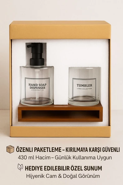 2’li Cam Ahşap Standlı Banyo Seti – Sabunluk ve Bardak – 430 ml – Modern Şık Tasarım - 3