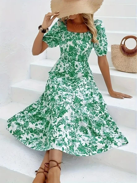 Kadın Kısa Kollu Kare Yakalı Lastikli Desenli Süprem Elbise - Resim 3