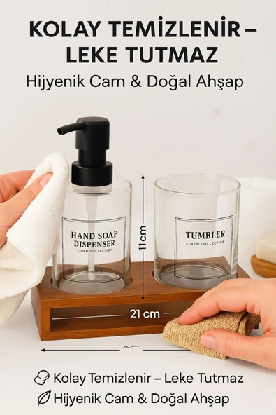 2’li Cam Ahşap Standlı Banyo Seti – Sabunluk ve Bardak – 430 ml – Modern Şık Tasarım - 6