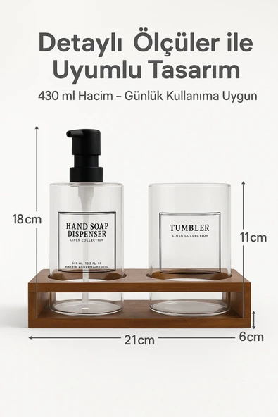 2’li Cam Ahşap Standlı Banyo Seti – Sabunluk ve Bardak – 430 ml – Modern Şık Tasarım - 8