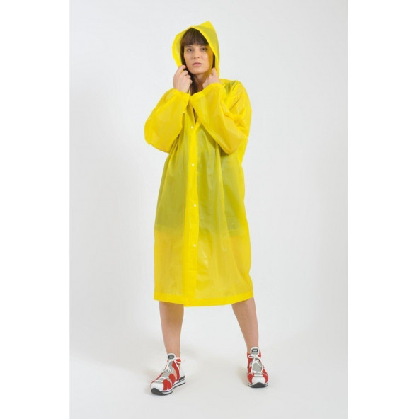 ZÜKA Kadın Erkek Yağmurluk Kapüşonlu Çıtçıtlı Sarı Yağmurluk