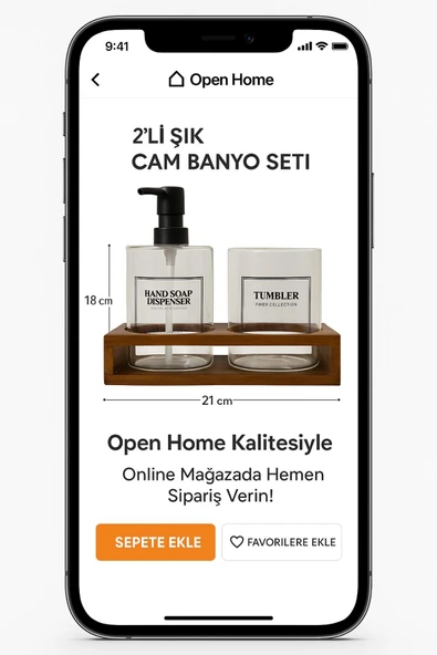 2’li Cam Ahşap Standlı Banyo Seti – Sabunluk ve Bardak – 430 ml – Modern Şık Tasarım - 7