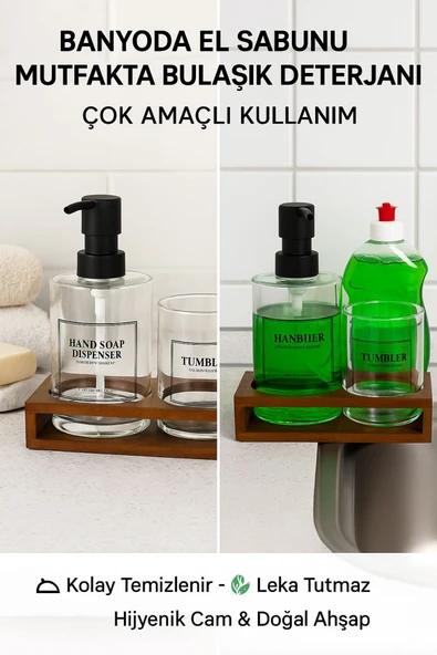 2’li Cam Ahşap Standlı Banyo Seti – Sabunluk ve Bardak – 430 ml – Modern Şık Tasarım - 5