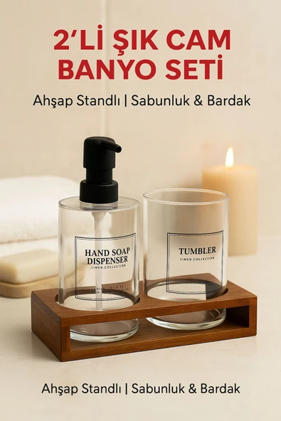 2’li Cam Ahşap Standlı Banyo Seti – Sabunluk ve Bardak – 430 ml – Modern Şık Tasarım