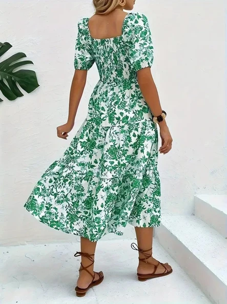 Kadın Kısa Kollu Kare Yakalı Lastikli Desenli Süprem Elbise - Resim 5