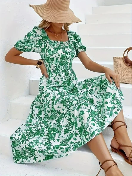 Kadın Kısa Kollu Kare Yakalı Lastikli Desenli Süprem Elbise ürün görseli