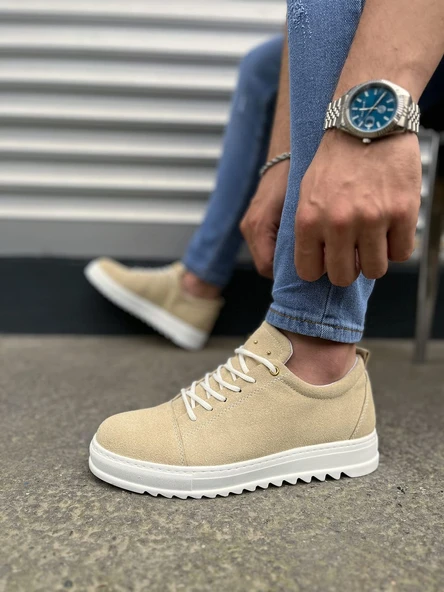 JY152 Cool Bağcıklı Süet Erkek Günlük Spor Klasik Ayakkabı SBT - Krem - Resim 3