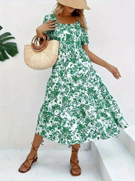 Kadın Kısa Kollu Kare Yakalı Lastikli Desenli Süprem Elbise - Resim 4