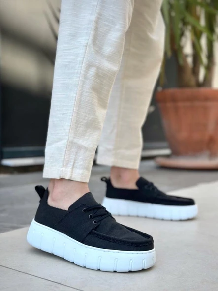 BA0676 BOA Siyah Keten Yüksek Beyaz Taban Erkek Yazlık Ayakkabı - 3