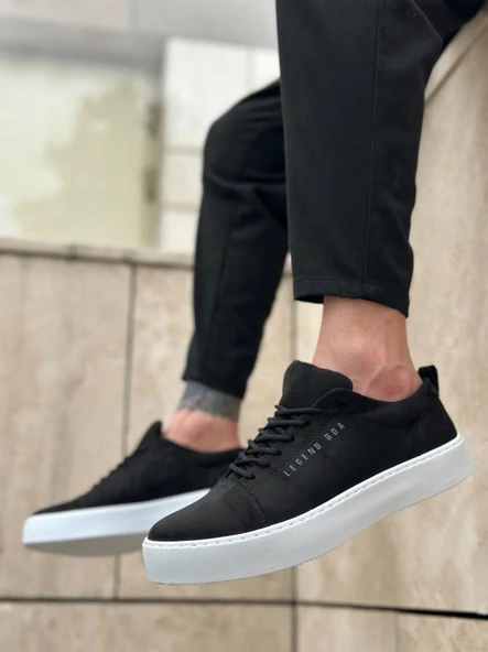BA0104 Bağcıklı Siyah Süet Beyaz Taban Spor Klasik Erkek Ayakkabı - 2