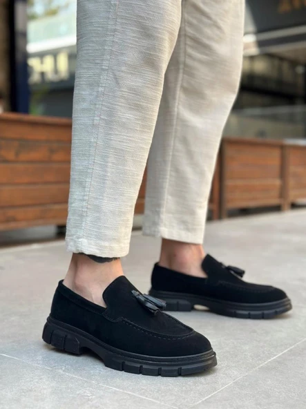 BA0240 Yüksek Taban Klasik Parlak Püsküllü Süet Siyah Erkek Ayakkabı - Resim 3