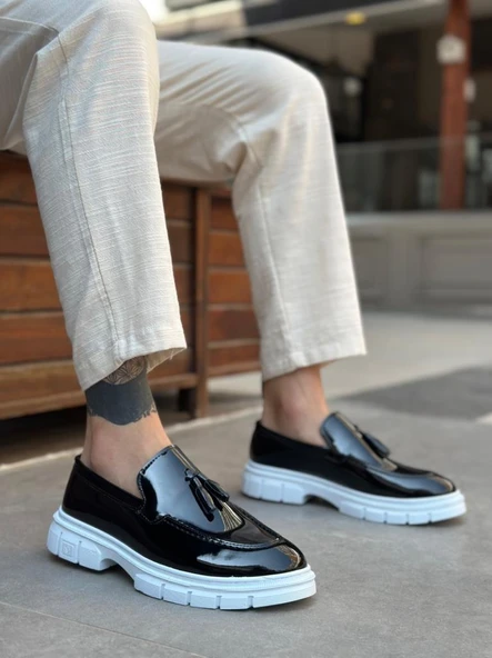 BA0240 Yüksek Taban Klasik Parlak Püsküllü Rugan Siyah Erkek Ayakkabı ürün görseli