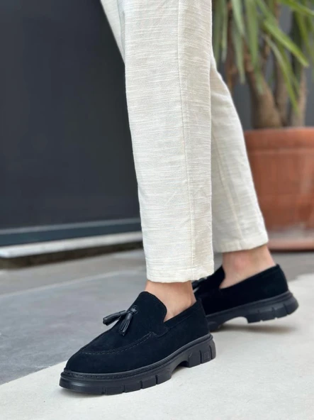 BA0240 Yüksek Taban Klasik Parlak Püsküllü Süet Siyah Erkek Ayakkabı - Resim 2