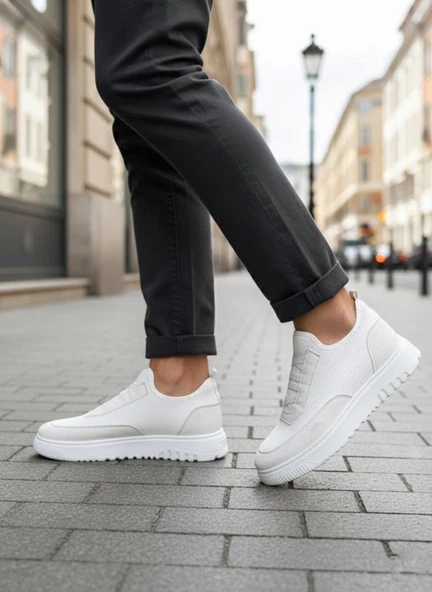 BA0911 Özel Örme Triko Deri Tozu Detaylı Beyaz Günlük Spor Ayakkabı - Resim 2