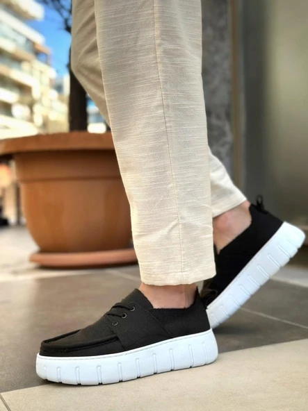 BA0676 BOA Siyah Keten Yüksek Beyaz Taban Erkek Yazlık Ayakkabı - 2