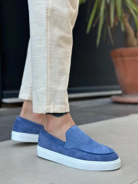 BA0241 Bağcıksız Yüksek Taban Mavi Süet Erkek Ayakkabı - Resim 4