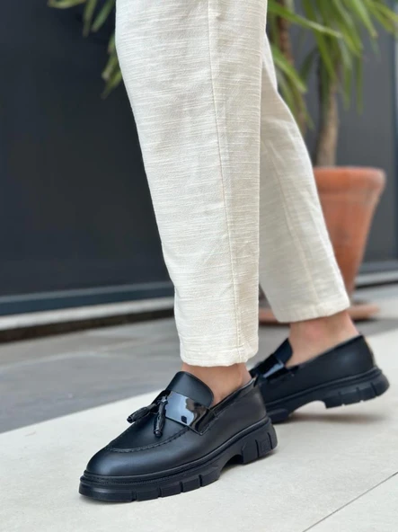 BA0240 Yüksek Taban Klasik Parlak Püsküllü Siyah Taban Erkek Ayakkabı - Resim 2