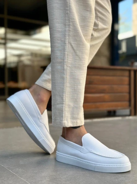 BA0241 Bağcıksız Yüksek Taban Beyaz Cilt Erkek Ayakkabı - Resim 2