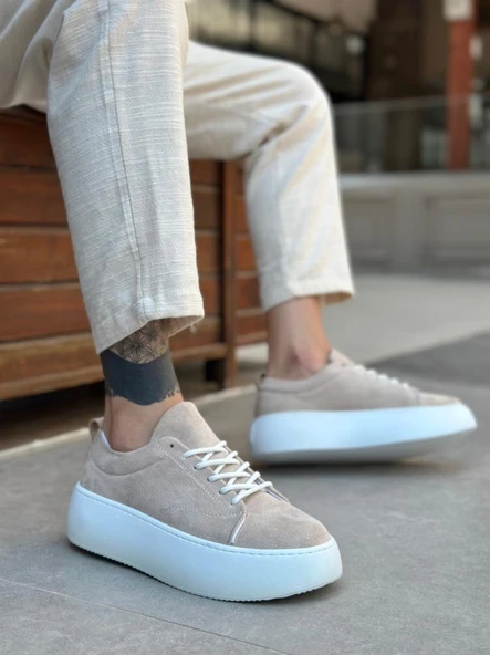 LE11 Bağcıklı Erkek Yüksek Taban İthal Süet Krem Spor Ayakkabı ürün görseli