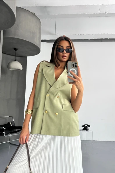 GOLD DÜĞMELİ KETEN YELEK - Yeşil ürün görseli