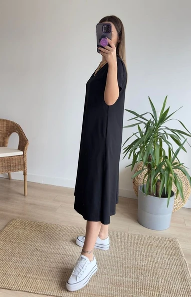 Kadın Kısa Kollu V Yaka Cepli A Kesim Detaylı Viskon Elbise - Resim 4