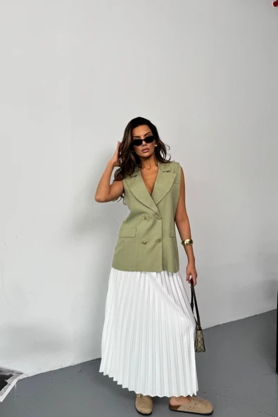 GOLD DÜĞMELİ KETEN YELEK - Yeşil - Resim 4