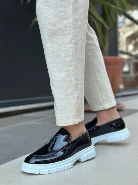 BA0240 Yüksek Taban Klasik Parlak Püsküllü Rugan Siyah Erkek Ayakkabı - Resim 2