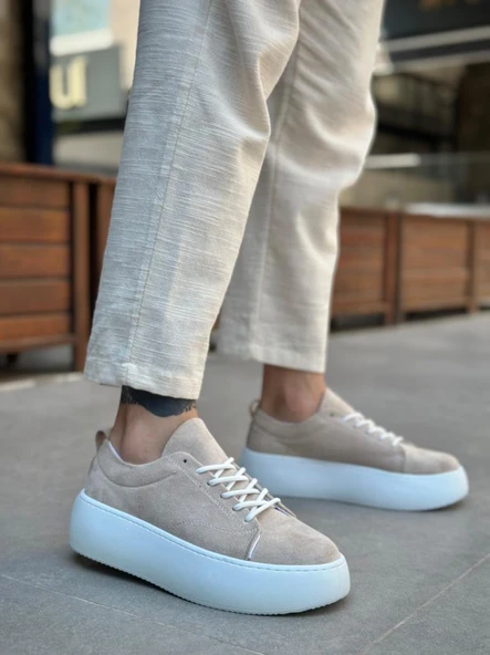 LE11 Bağcıklı Erkek Yüksek Taban İthal Süet Krem Spor Ayakkabı - Resim 3