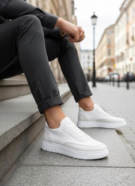 BA0911 Özel Örme Triko Deri Tozu Detaylı Beyaz Günlük Spor Ayakkabı ürün görseli