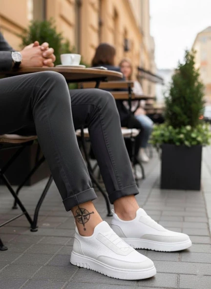 BA0911 Özel Örme Triko Deri Tozu Detaylı Beyaz Günlük Spor Ayakkabı - Resim 3