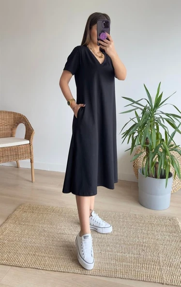 Kadın Kısa Kollu V Yaka Cepli A Kesim Detaylı Viskon Elbise - Resim 6