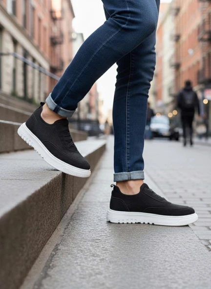 BA0911 Özel Örme Triko Deri Tozu Detaylı Siyah Günlük Spor Ayakkabı - Resim 2