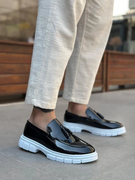 BA0240 Yüksek Taban Klasik Parlak Püsküllü Rugan Siyah Erkek Ayakkabı - Resim 3