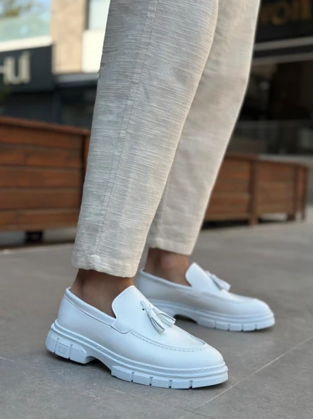 BA0240 Yüksek Taban Klasik Parlak Püsküllü Beyaz Erkek Ayakkabı - Resim 3