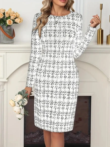 Kadın Uzun Kollu Bisiklet Yaka Desenli Dalgıç Kısa Elbise - Resim 3