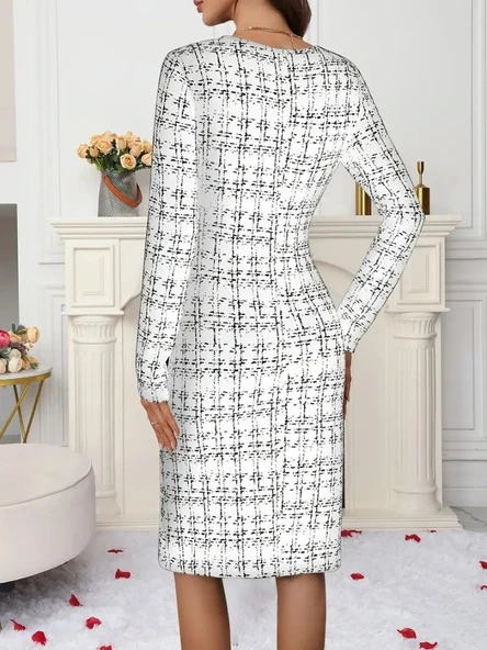 Kadın Uzun Kollu Bisiklet Yaka Desenli Dalgıç Kısa Elbise - Resim 5